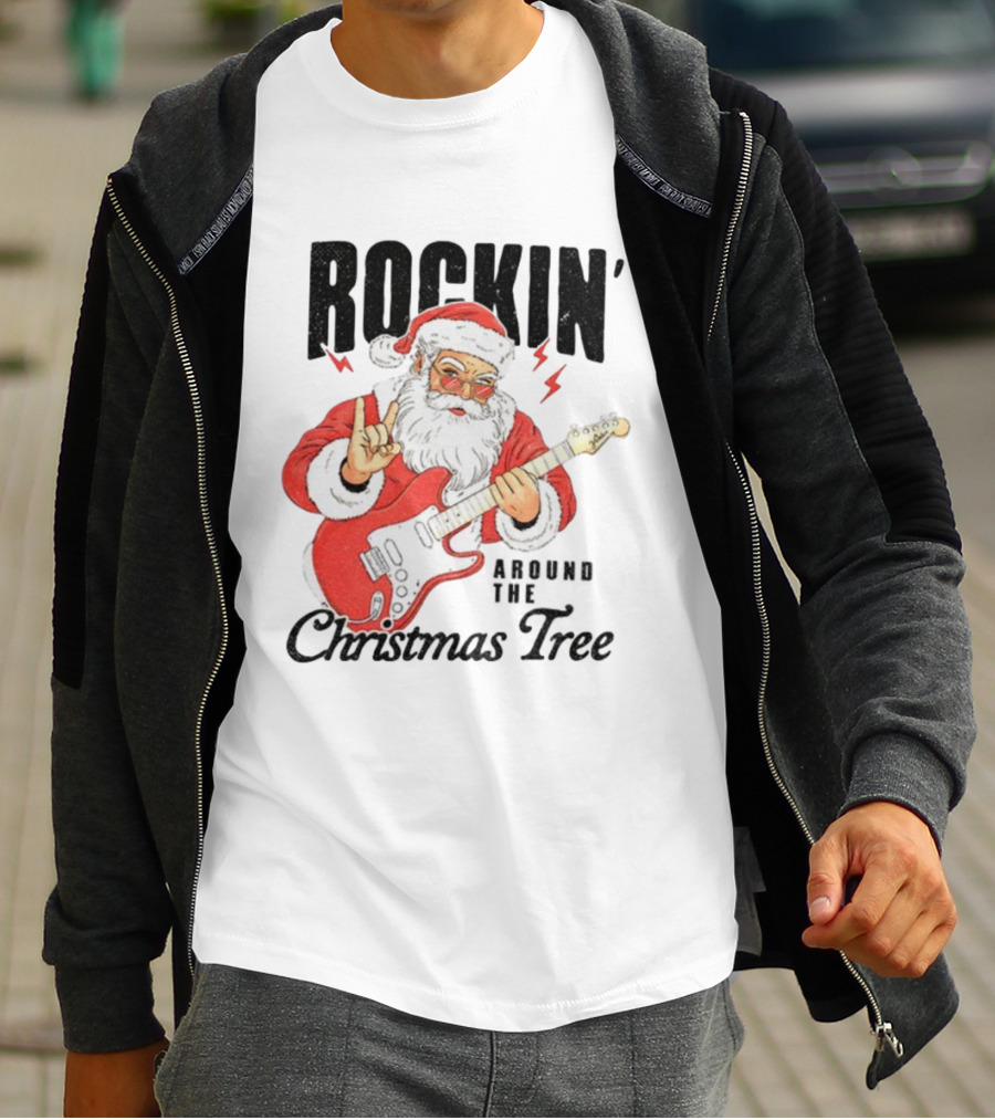 Rockin' Santa Claus Playing Guitar Around The Christmas Tree Merry Christmas T-Shirt