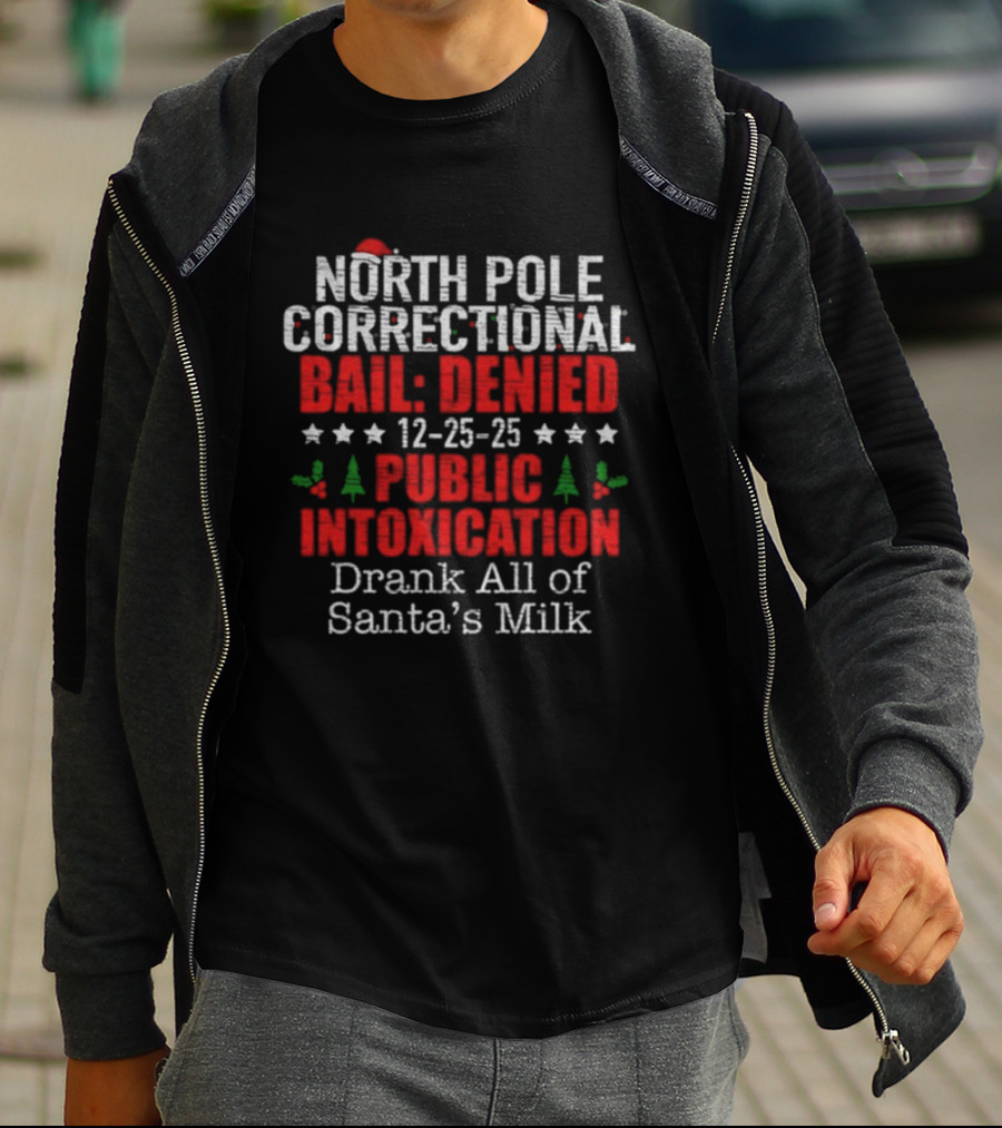 North Pole Correctional Bail Denied Public Intoxication Drank All Of Santa's Milk Christmas 12-25-25 T-Shirt