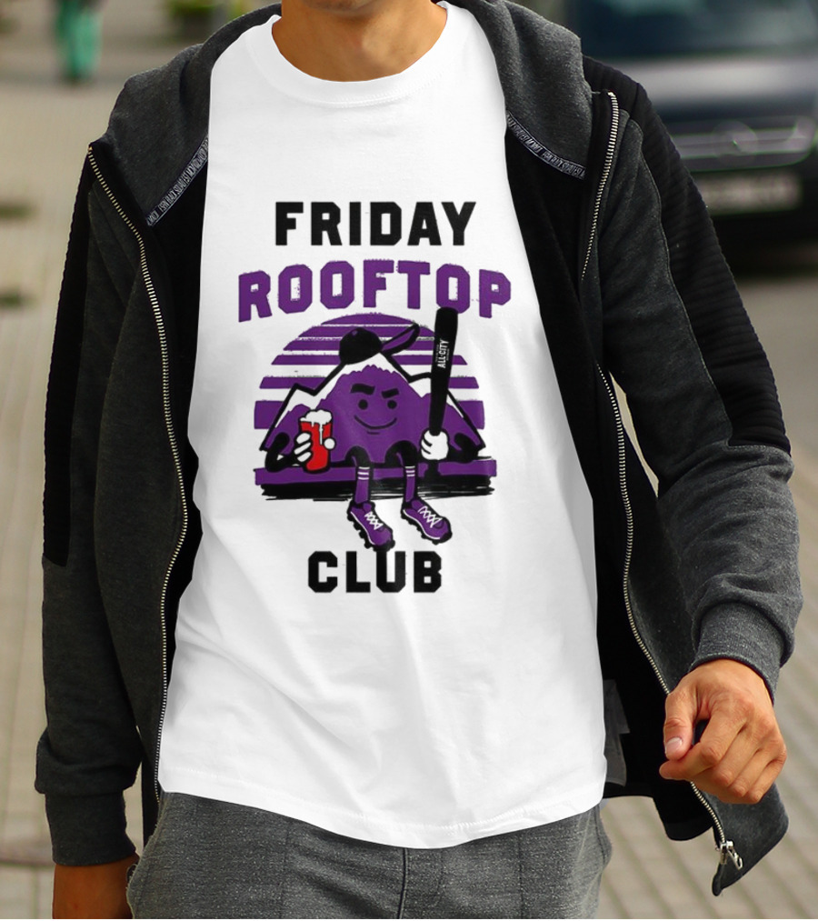 Friday Rooftop Club Colorado Rockies Playful Cartoon Baseball Bat Drink T-Shirt