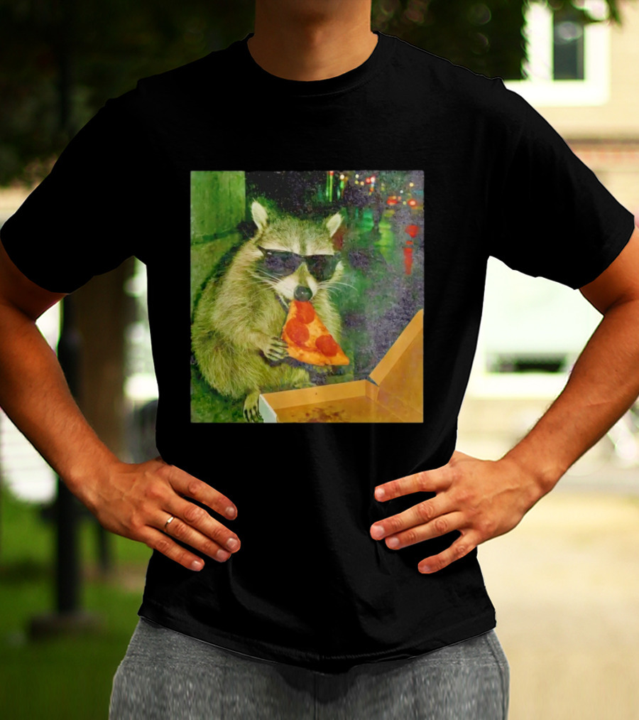 Raccoon Wearing Sunglasses Eating Pepperoni Pizza T-Shirt