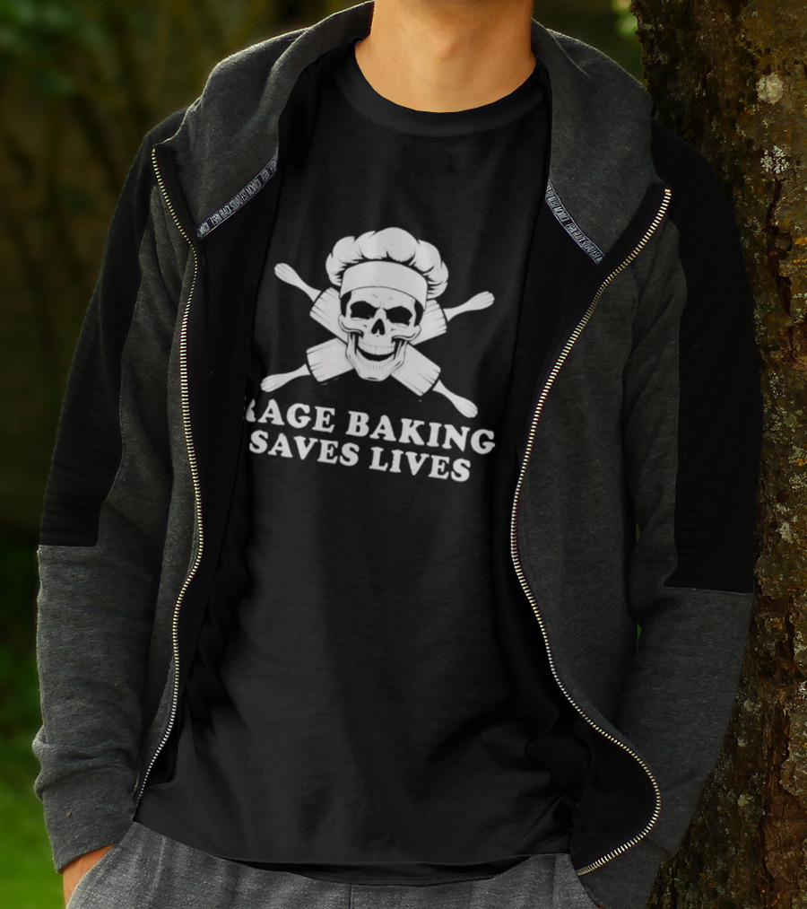 Rage Baking Saves Lives Skull Crossed Rolling Pins Chef Hat T-Shirt