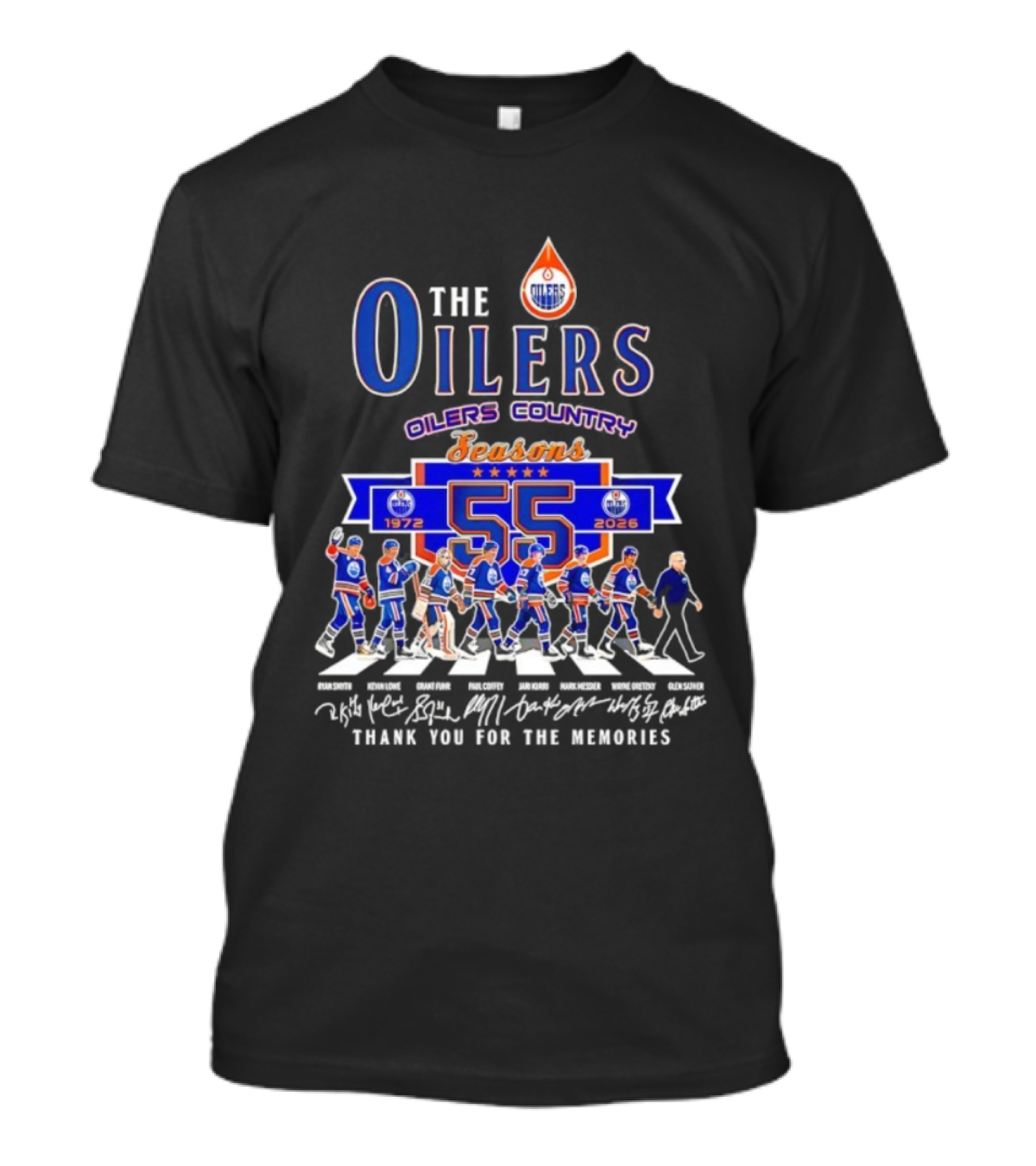 Edmonton Oilers Country 55 Seasons 1972-2026 Signatures Abbey Road Thank You T-Shirt