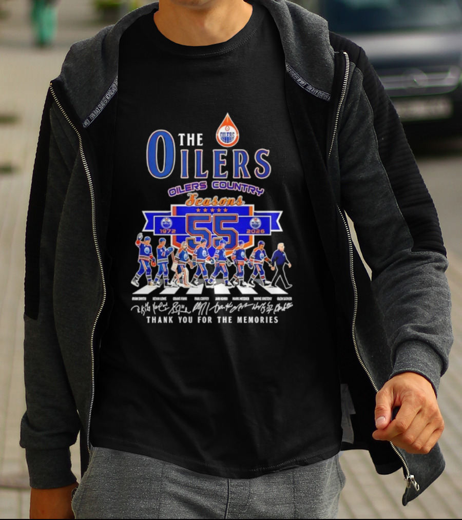 Edmonton Oilers Country 55 Seasons 1972-2026 Signatures Abbey Road Thank You T-Shirt