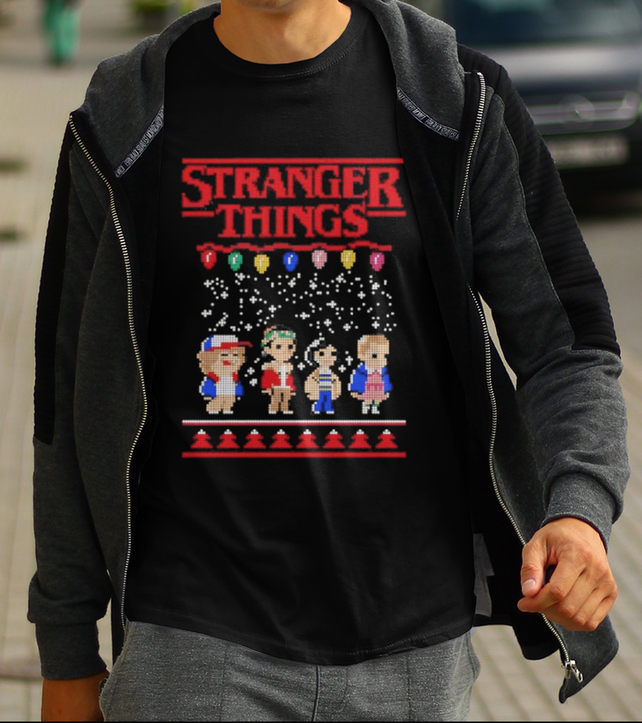 Stranger Things Christmas Characters Pixel Art Holiday Sweater Theme T-Shirt