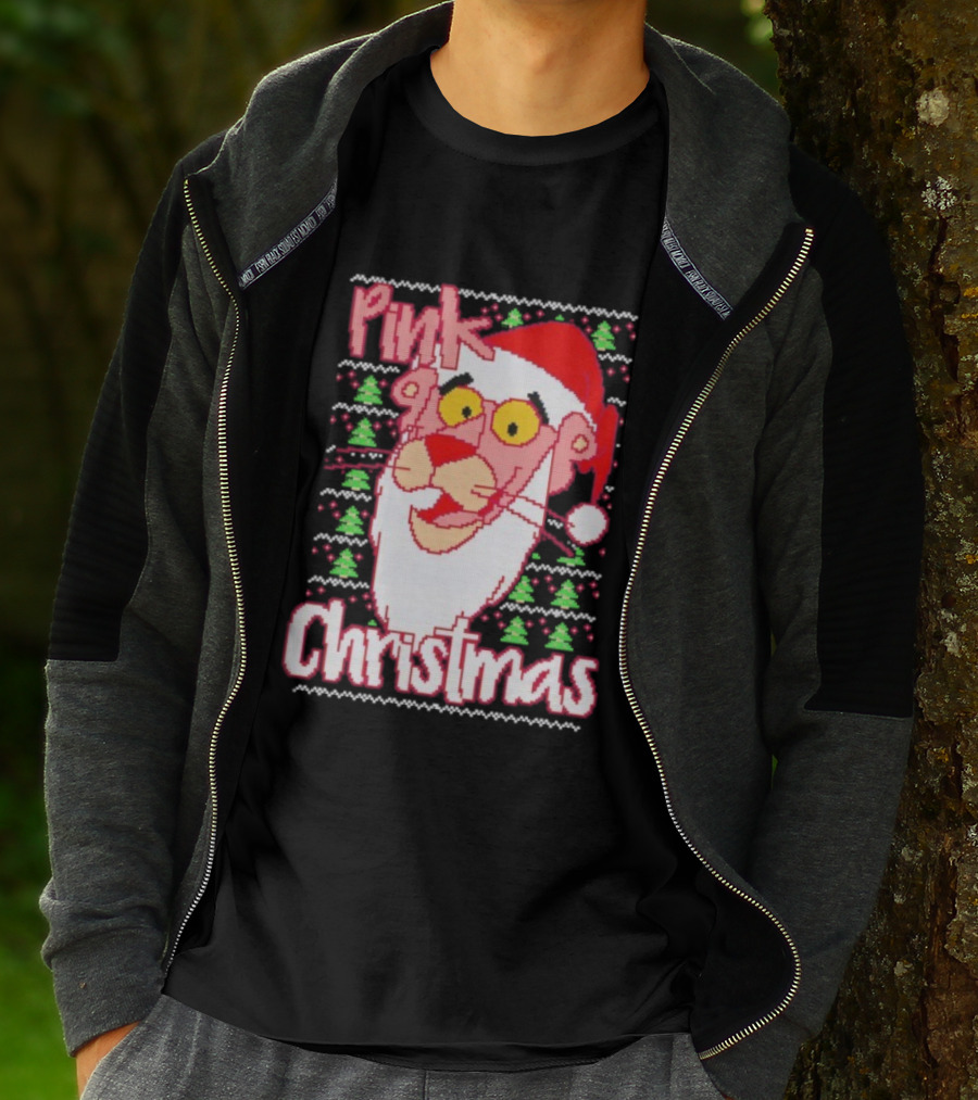 Pink Christmas Ugly Sweater Santa Hat Pink Panther T-Shirt