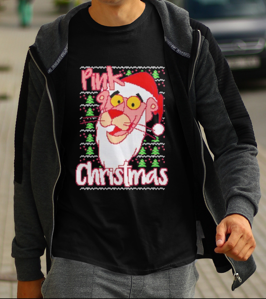 Pink Christmas Ugly Sweater Santa Hat Pink Panther T-Shirt