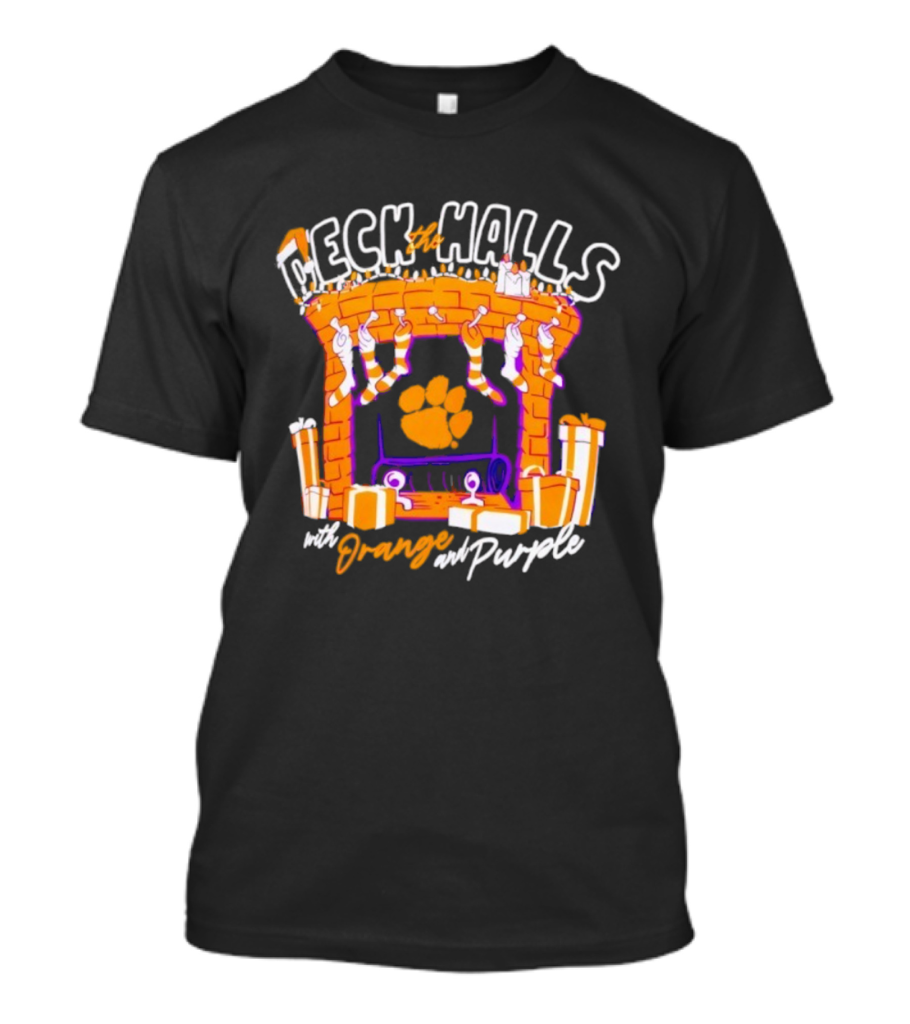 Clemson Tigers Deck The Halls With Orange And Purple Christmas Fireplace Stockings Gifts T-Shirt