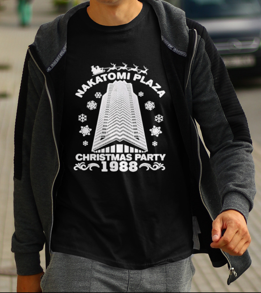 ```Die Hard Nakatomi Plaza Christmas Party 1988 Santa Sleigh Snowflakes Building``` T-Shirt