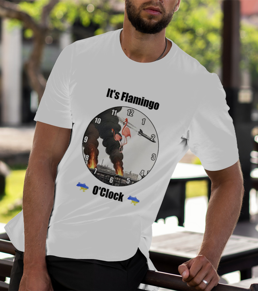 Flamingo O’clock Flamingos On Face With Plane And Fire Imagery T-Shirt