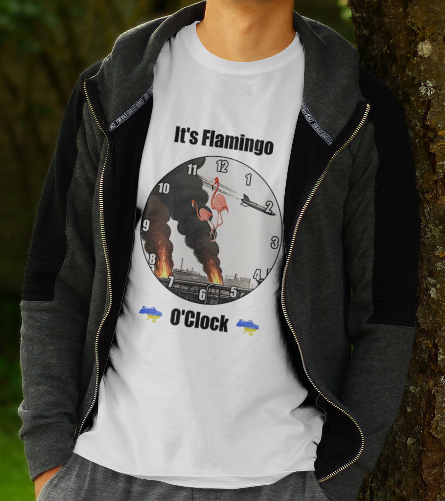 Flamingo O’clock Flamingos On Face With Plane And Fire Imagery T-Shirt