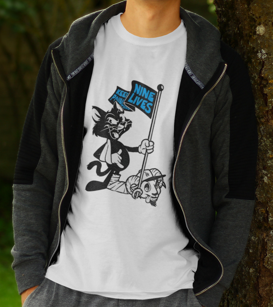 Roaring Riot Nine Lives Keep Pounding Carolina Panthers Beat LA Dodgers Goat T-Shirt