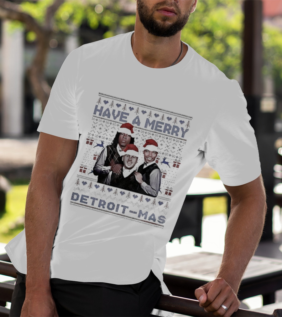 Jared Goff Jahmyr Gibbs Amon Ra St Brown Detroit Lions Have A Merry Detroit-mas T-Shirt