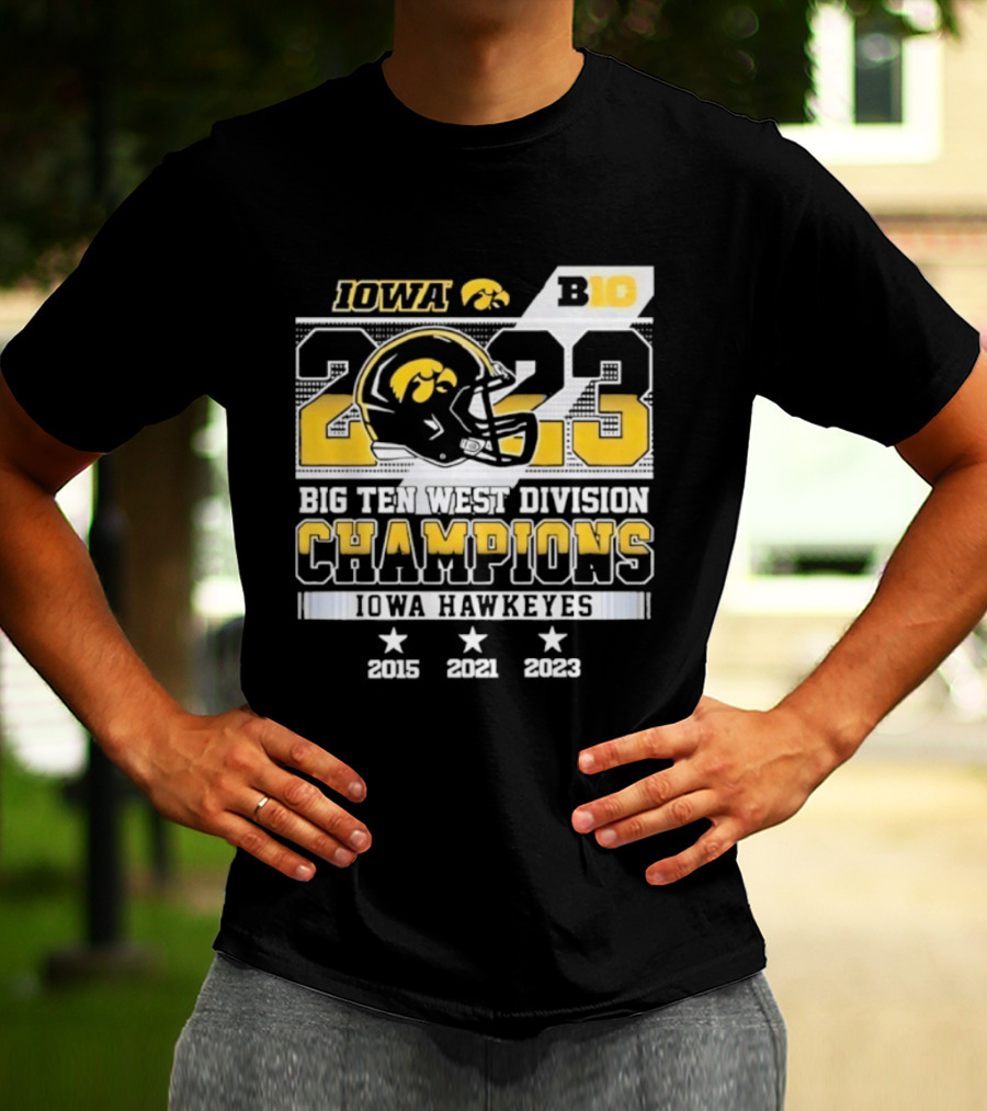Iowa Hawkeyes Big Ten West Division Champions 2023 Helmet Logo With 2015 2021 Titles T-Shirt