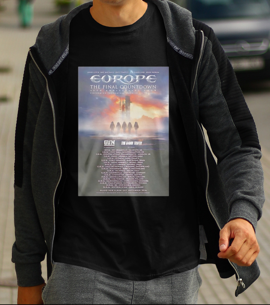 Europe The Final Countdown 40th Anniversary Tour 2026 Featuring Gun And The Damn Truth Live Performances And New Album Release Dates T-Shirt