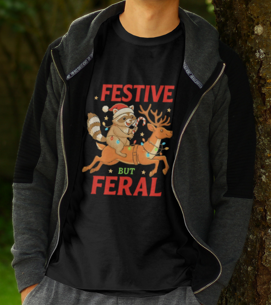 Festive But Feral Christmas Raccoon Reindeer Ride T-Shirt