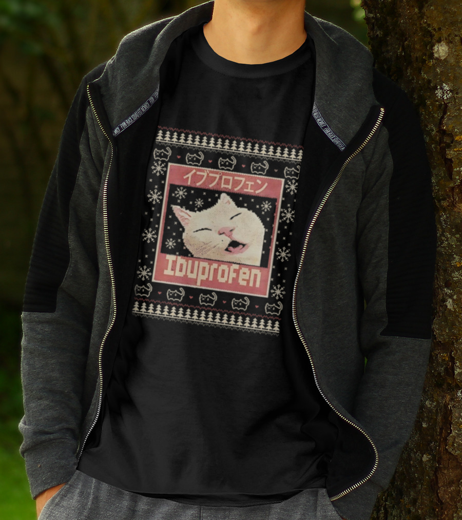 Ibuprofen Cat Sleeping Christmas Ugly Meme Sweater T-Shirt