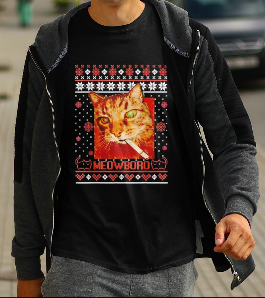 Meowboro Smoking Cat Christmas Ugly Funny Holiday T-Shirt