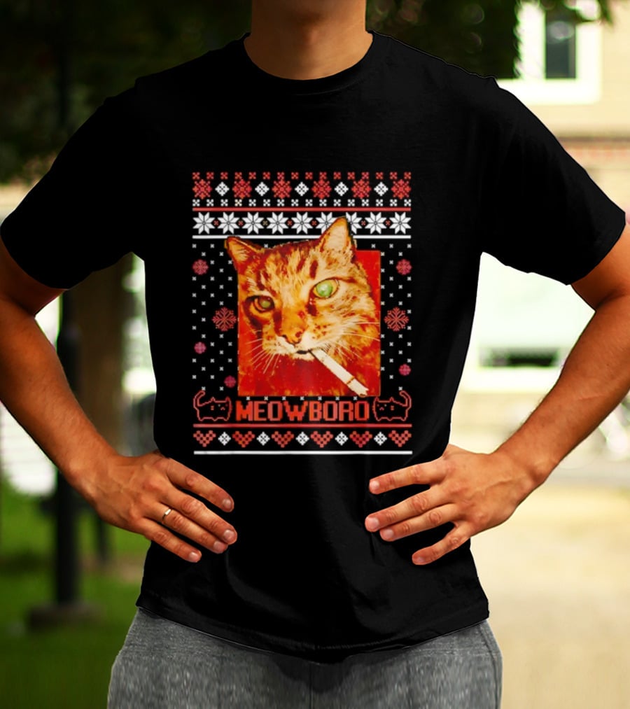 Meowboro Smoking Cat Christmas Ugly Funny Holiday T-Shirt
