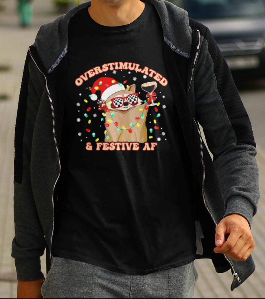 Overstimulated Raccoon Santa Hat And Festive Lights Holding Holiday Drink T-Shirt
