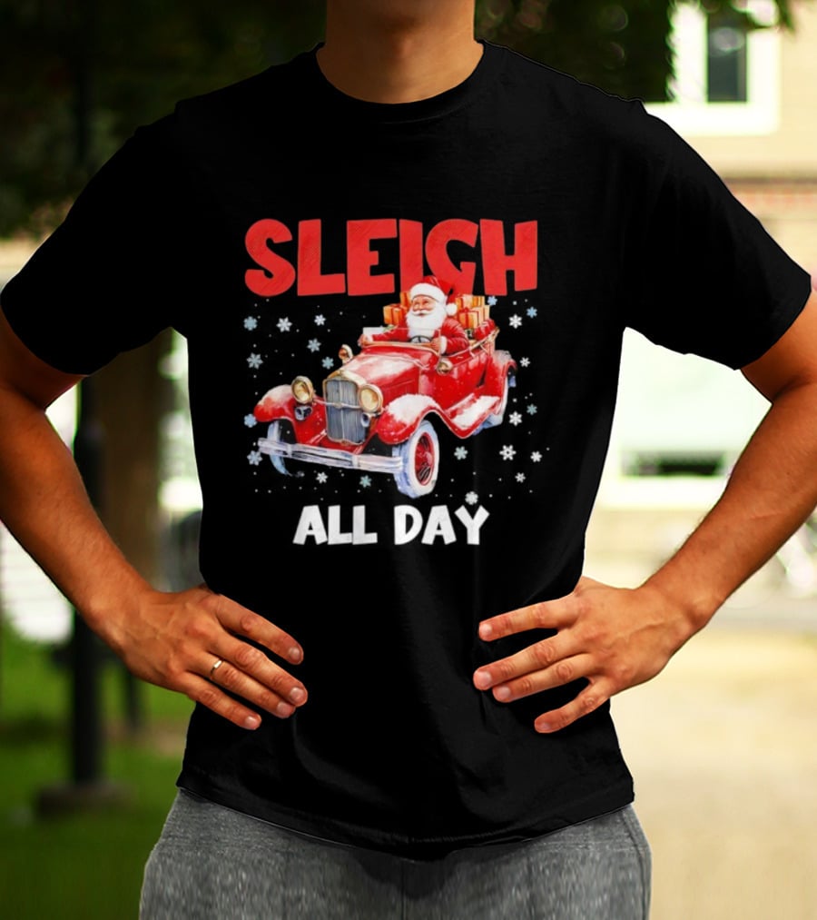 Sleigh Santa Claus Driving Vintage Car Merry Christmas T-Shirt