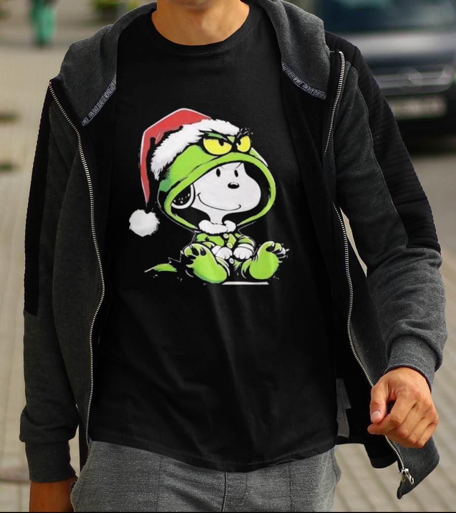 Snoopy Grinch Christmas Santa Hat Character Crossover T-Shirt