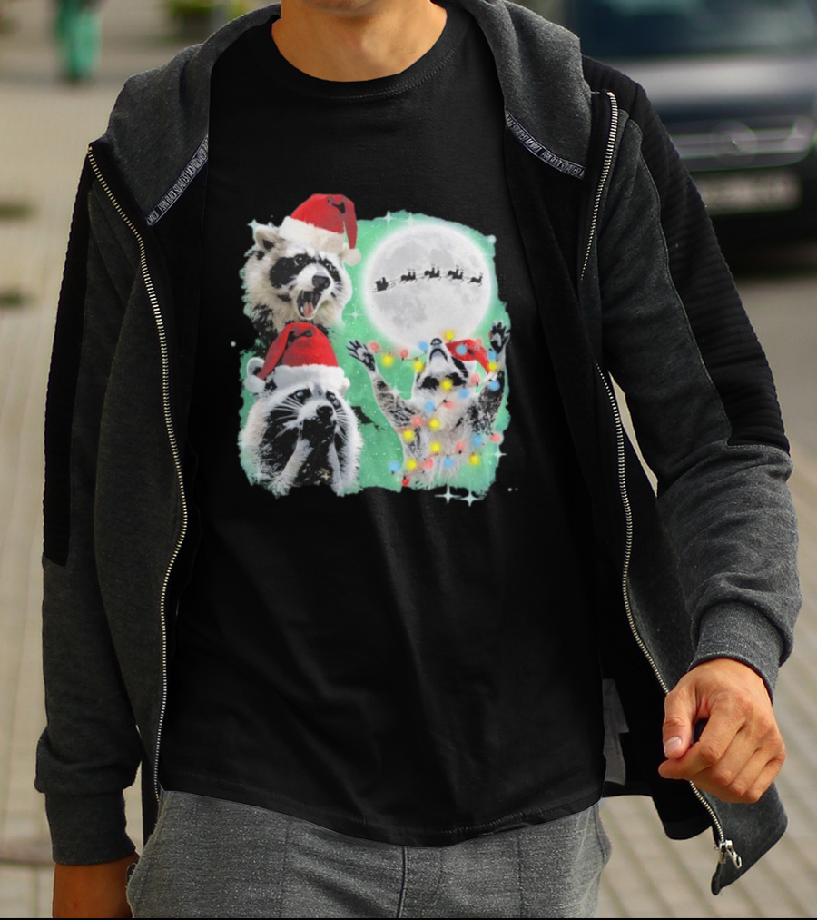 Three Raccoons Santa Hats Christmas Moon Lights Sleigh T-Shirt