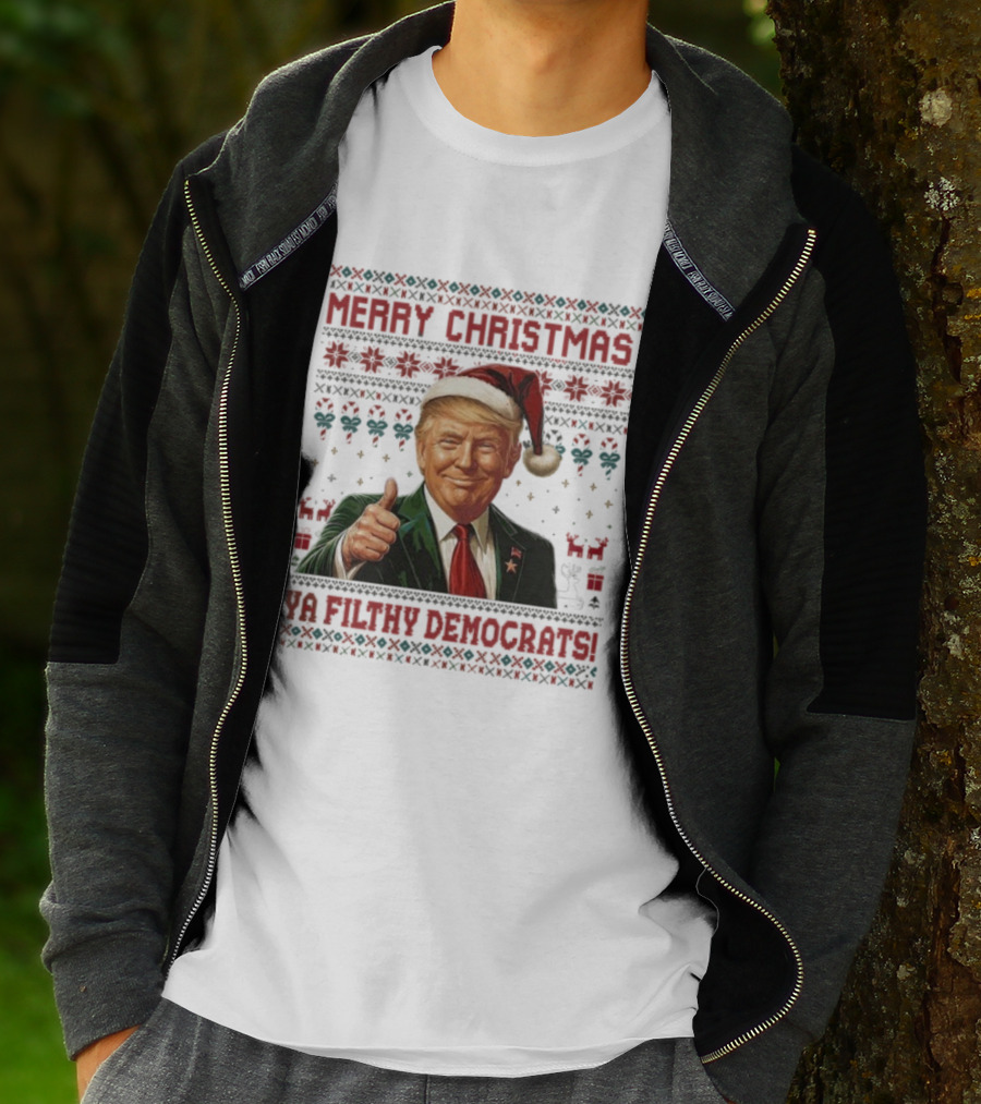 Merry Christmas Ya Filthy Democrats Trump Santa Thumbs Up Holiday Sweater T-Shirt