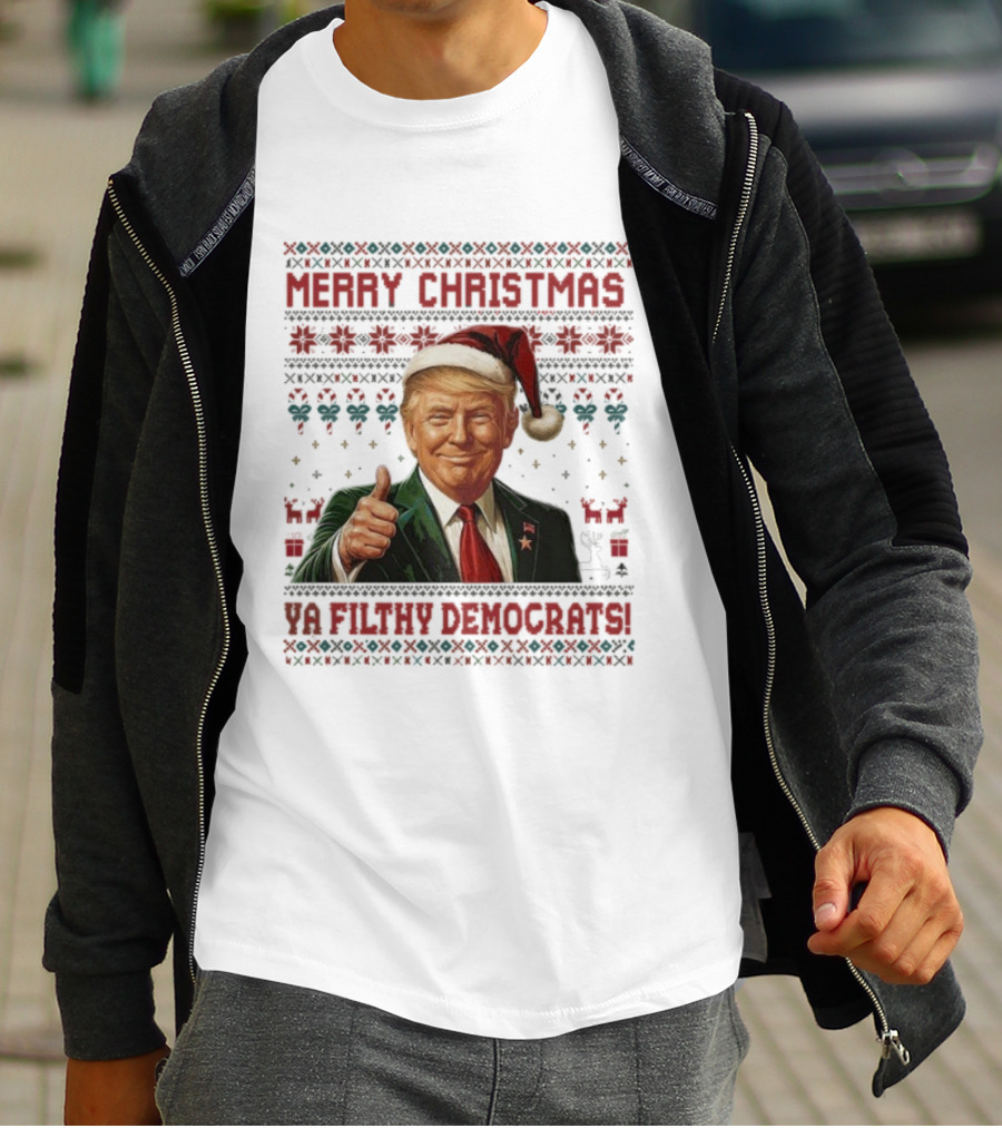 Merry Christmas Ya Filthy Democrats Trump Santa Thumbs Up Holiday Sweater T-Shirt