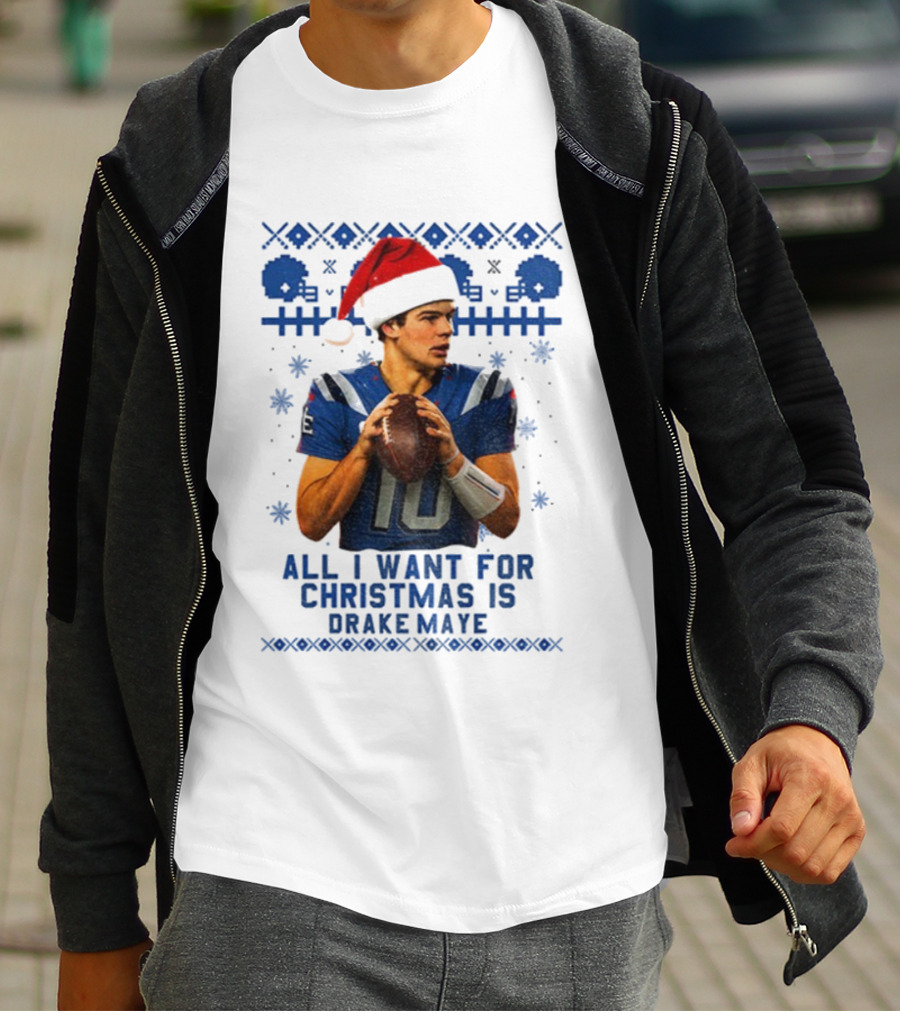 Drake Maye Santa Hat New England Patriots Football Christmas Wishes T-Shirt