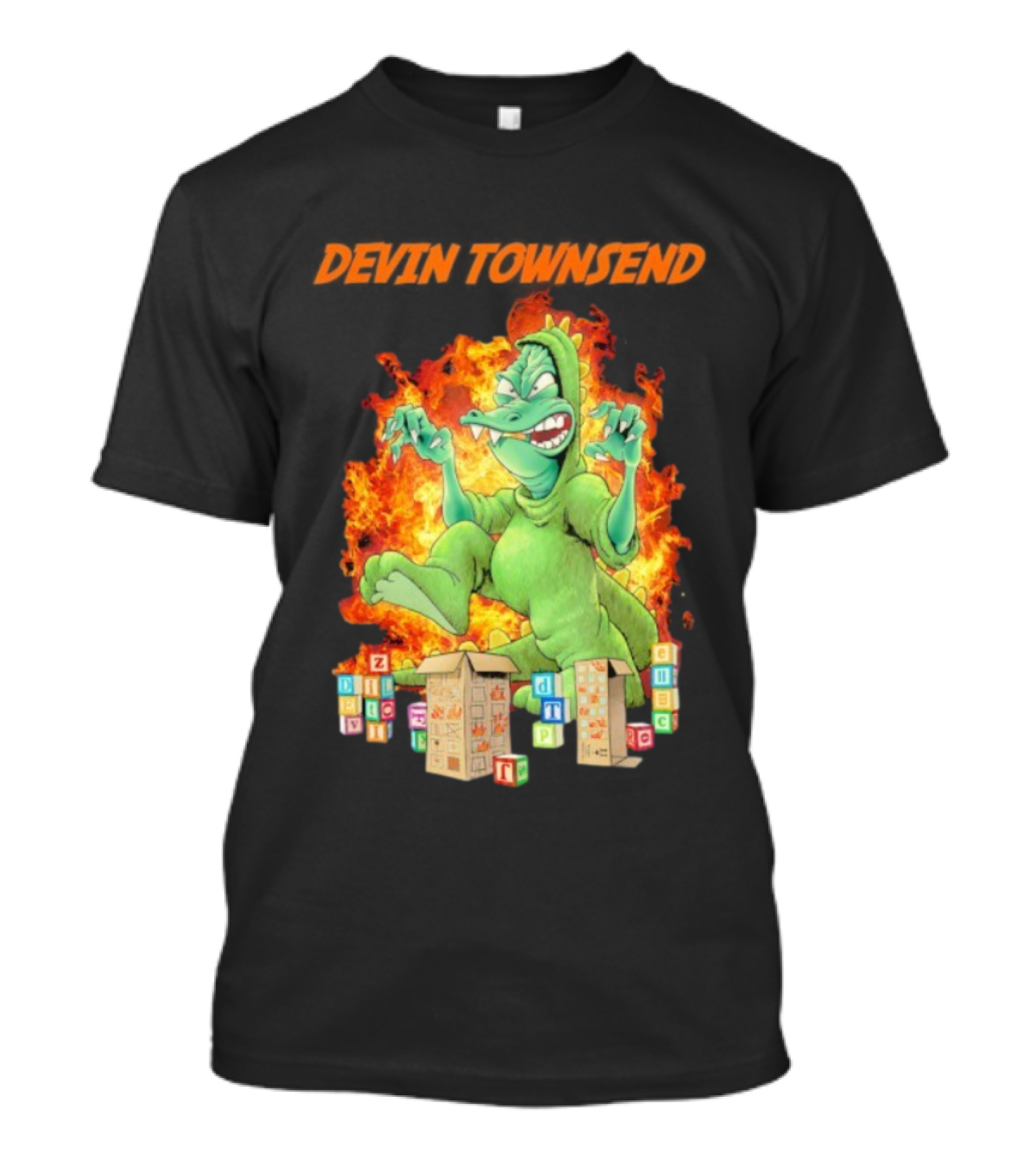 Devin Townsend Godziltoid Cartoon Dinosaur Blocks Fire Design T-Shirt