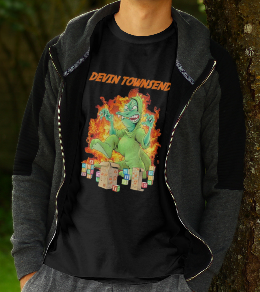 Devin Townsend Godziltoid Cartoon Dinosaur Blocks Fire Design T-Shirt