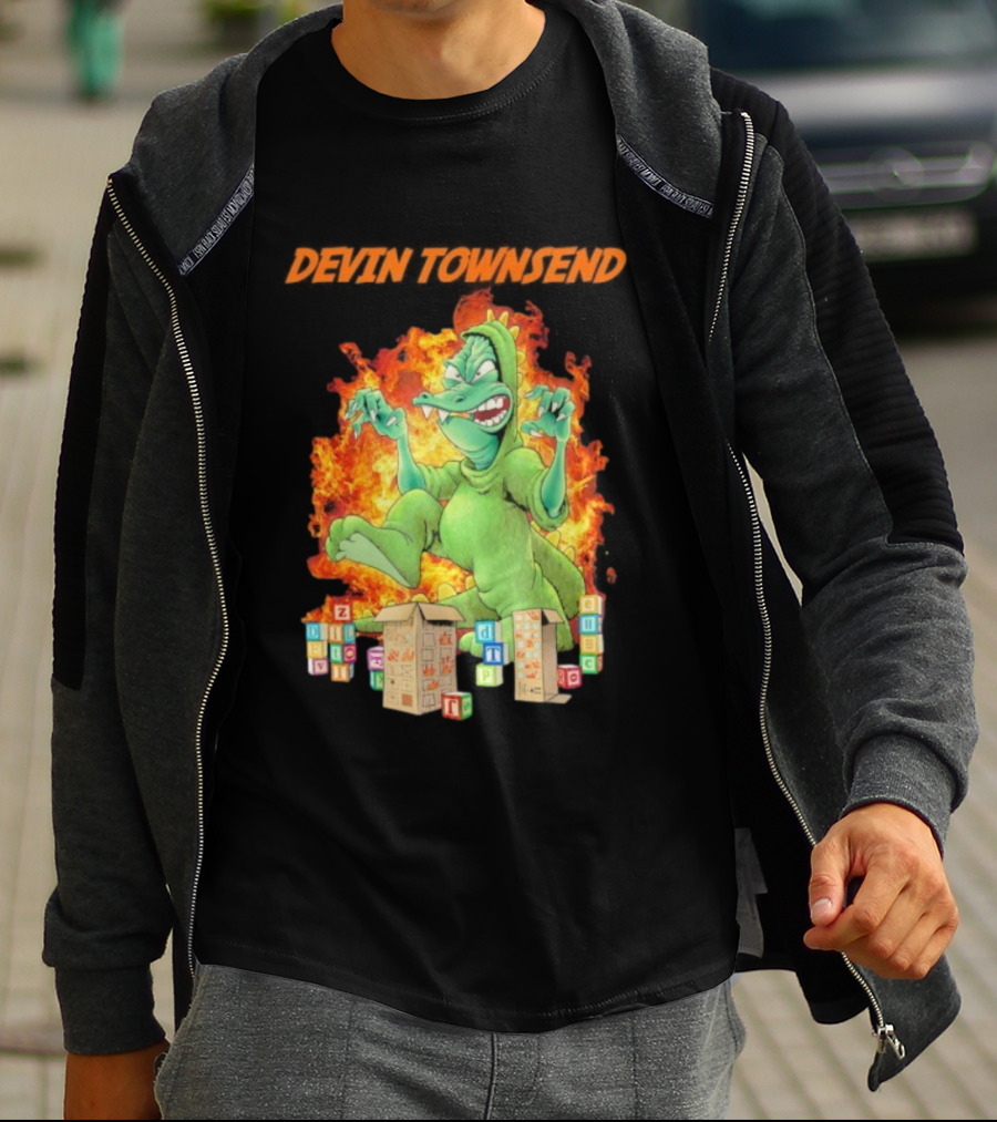Devin Townsend Godziltoid Cartoon Dinosaur Blocks Fire Design T-Shirt