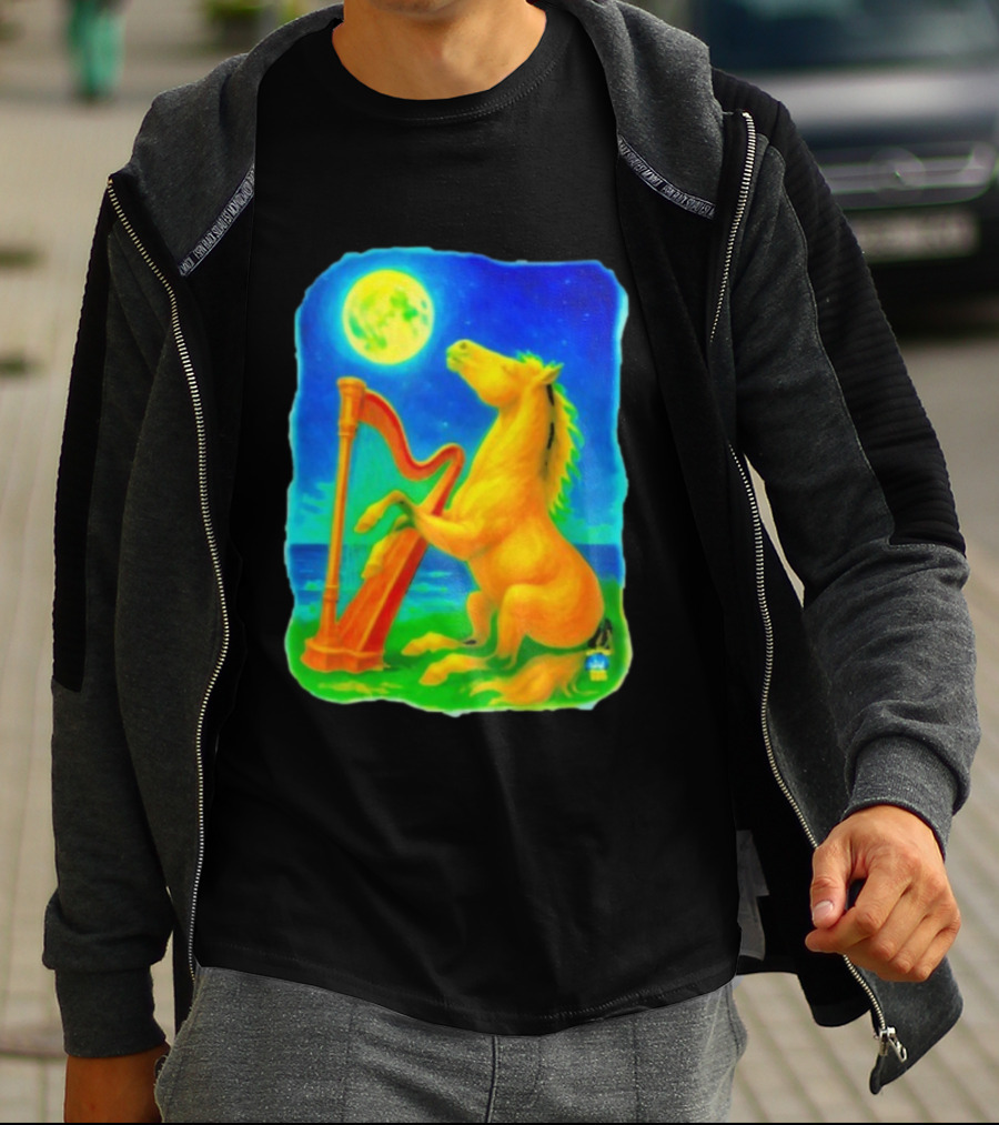Magical Moonlit Horse Harp Player Fantasy Scene For Horse Lovers T-Shirt