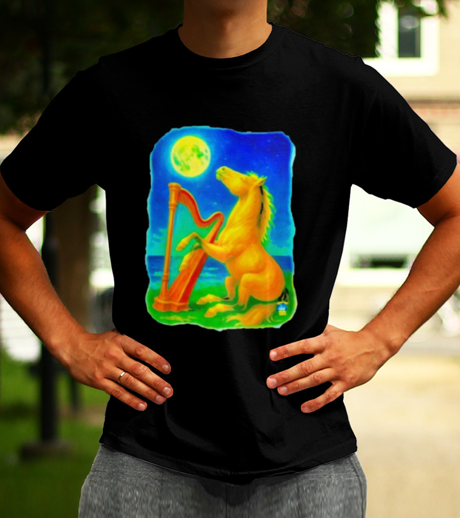 Magical Moonlit Horse Harp Player Fantasy Scene For Horse Lovers T-Shirt