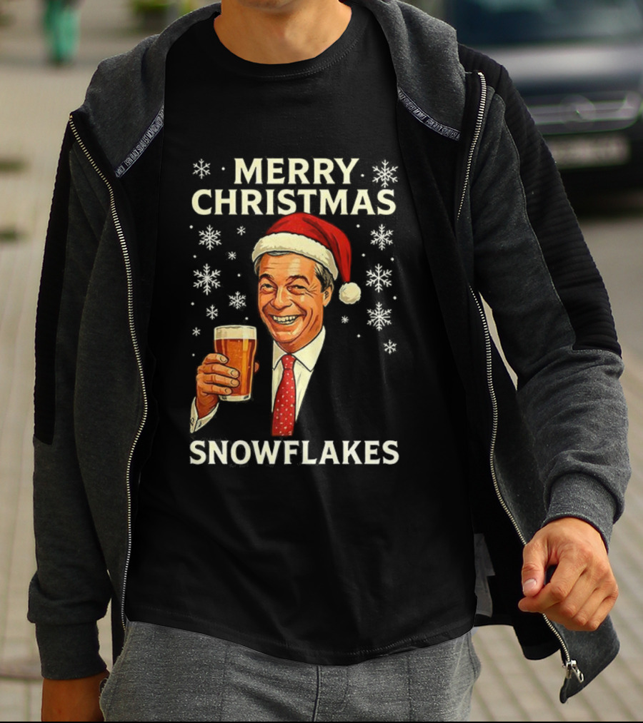 Merry Christmas Snowflakes Nigel Farage Raises His Glass Caricature T-Shirt