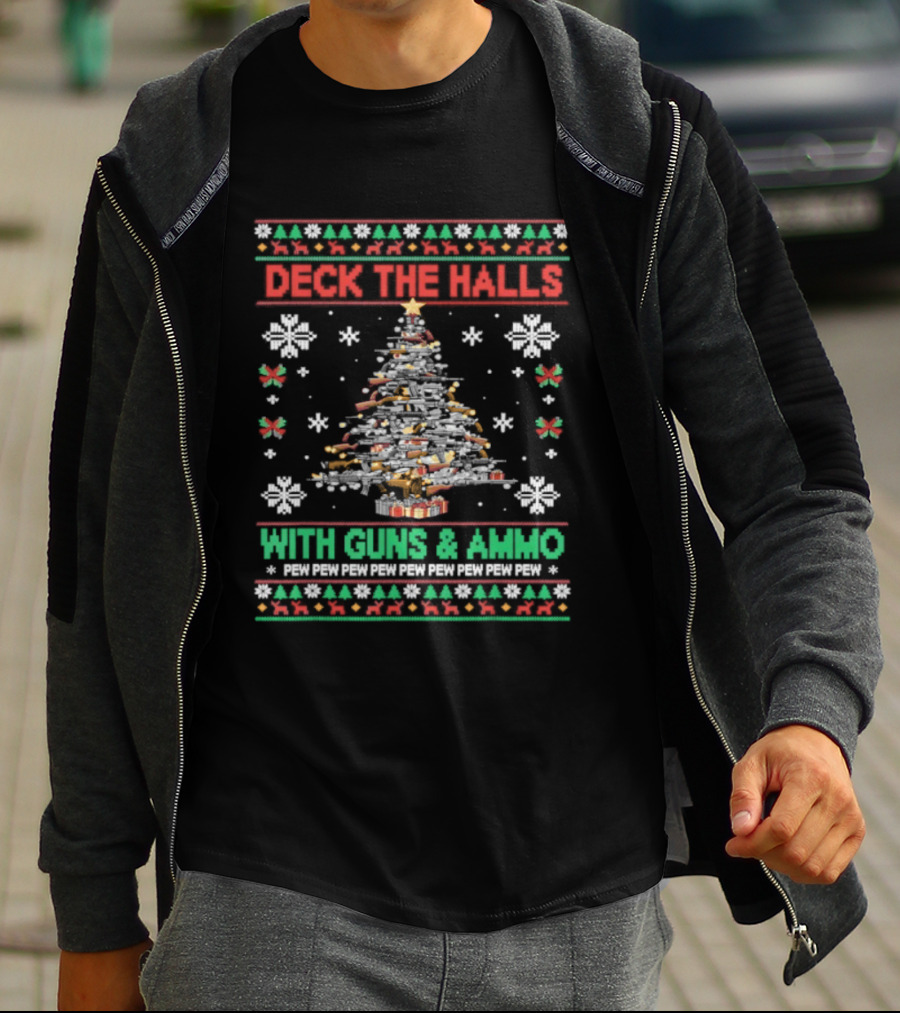 Retro Deck The Halls With Guns And Ammo Funny Christmas Tree Snowflakes Holiday T-Shirt