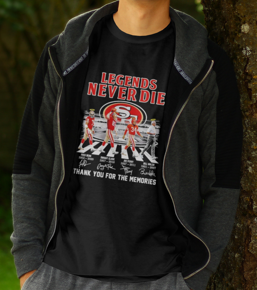San Francisco 49ers Legends Never Die Jerry Rice Joe Montana Roger Craig Bill Walsh T-Shirt