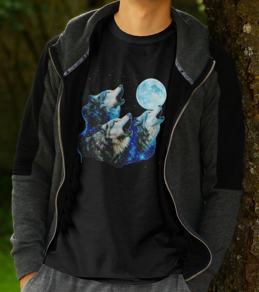 Three Wolves Howling At Cyan Moon Cosmic Night Glow T-Shirt
