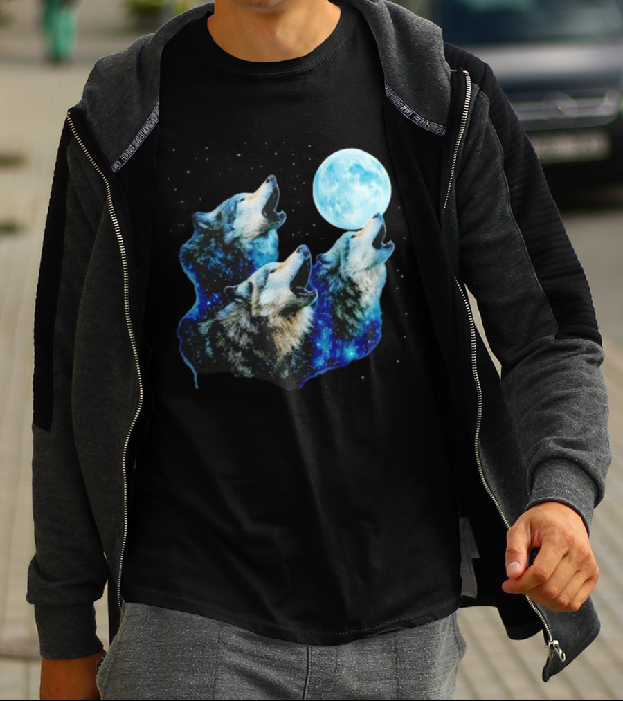 Three Wolves Howling At Cyan Moon Cosmic Night Glow T-Shirt