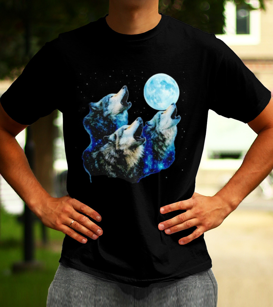 Three Wolves Howling At Cyan Moon Cosmic Night Glow T-Shirt
