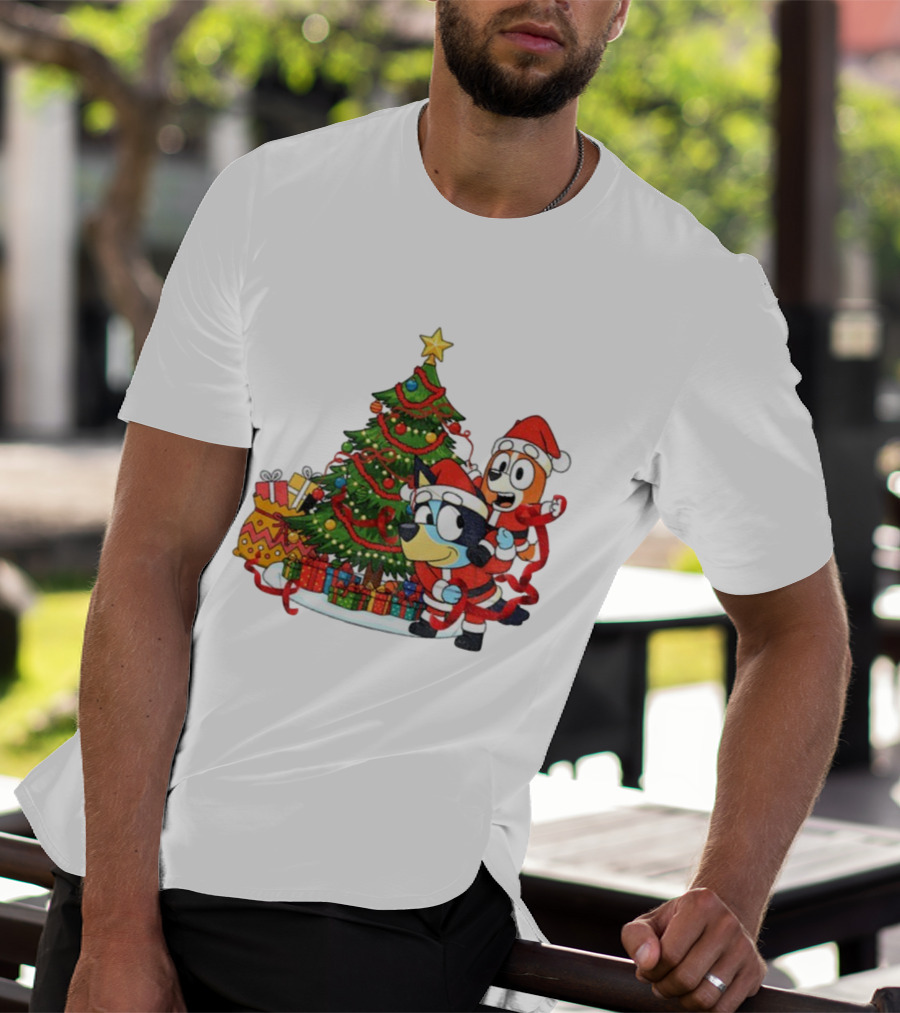 Bluey Bingo Christmas Tree Santa Hat Merry Christmas T-Shirt