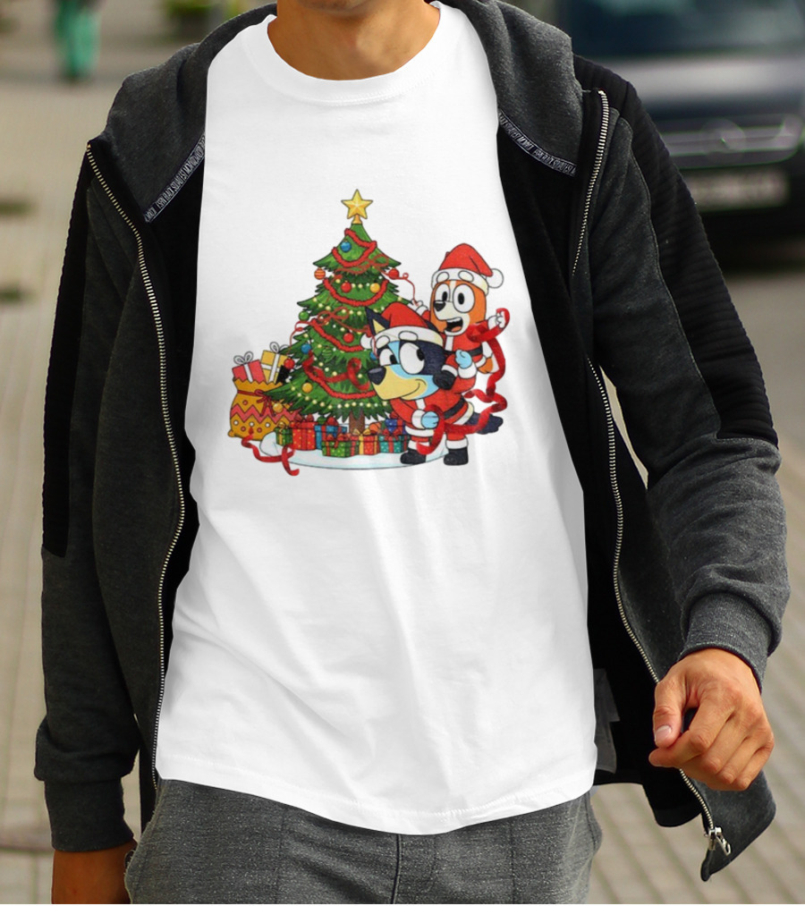 Bluey Bingo Christmas Tree Santa Hat Merry Christmas T-Shirt