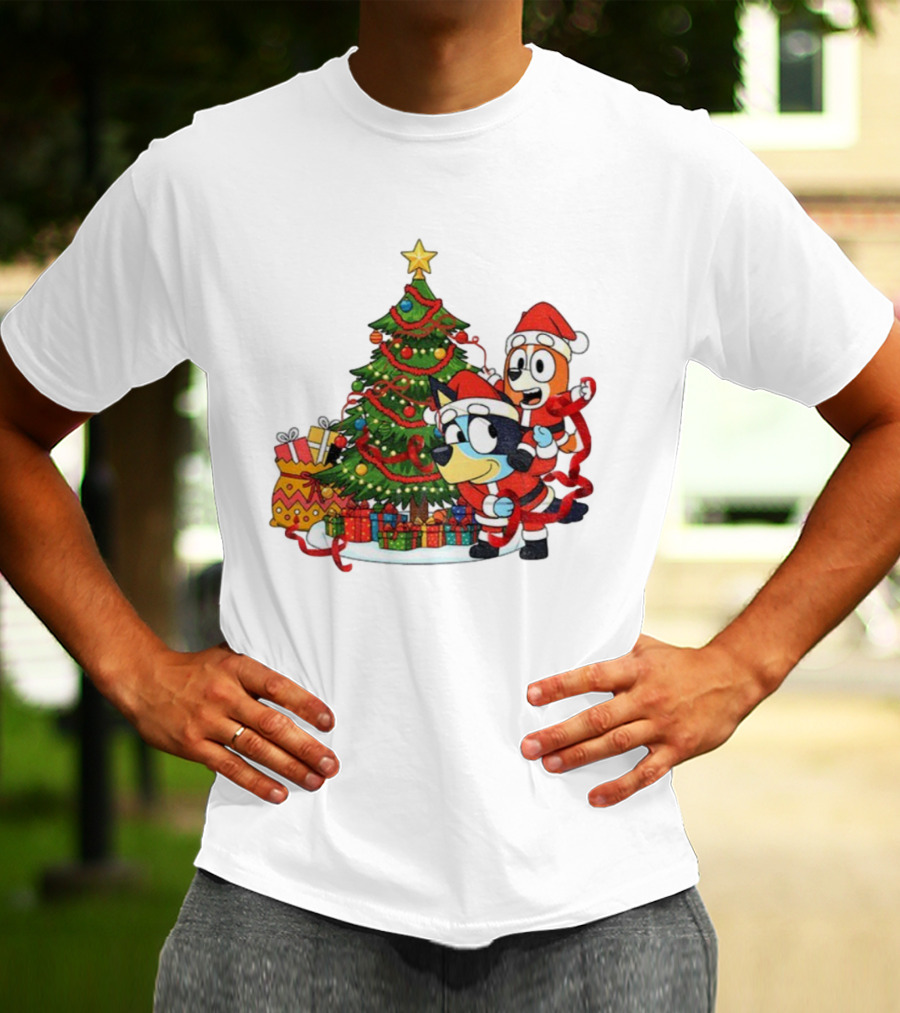 Bluey Bingo Christmas Tree Santa Hat Merry Christmas T-Shirt