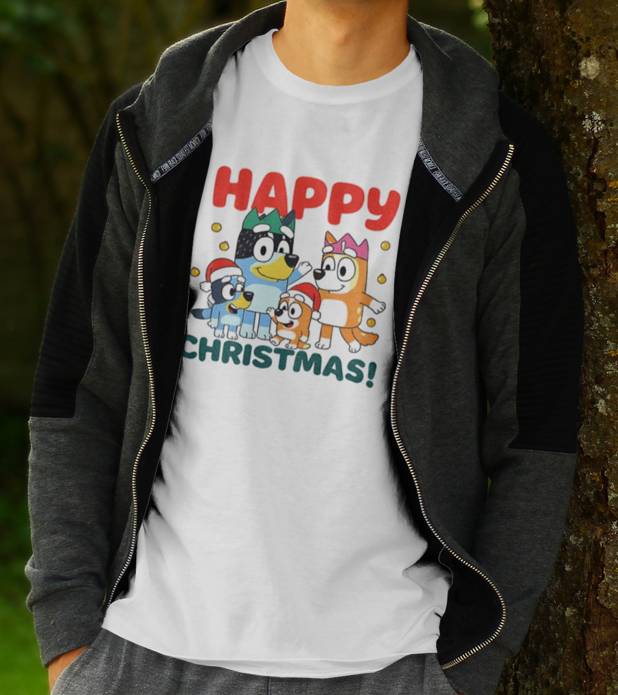 Bluey Family Happy Christmas Santa Hat Celebration T-Shirt