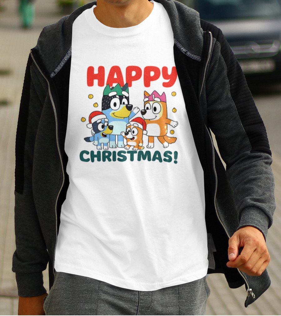 Bluey Family Happy Christmas Santa Hat Celebration T-Shirt
