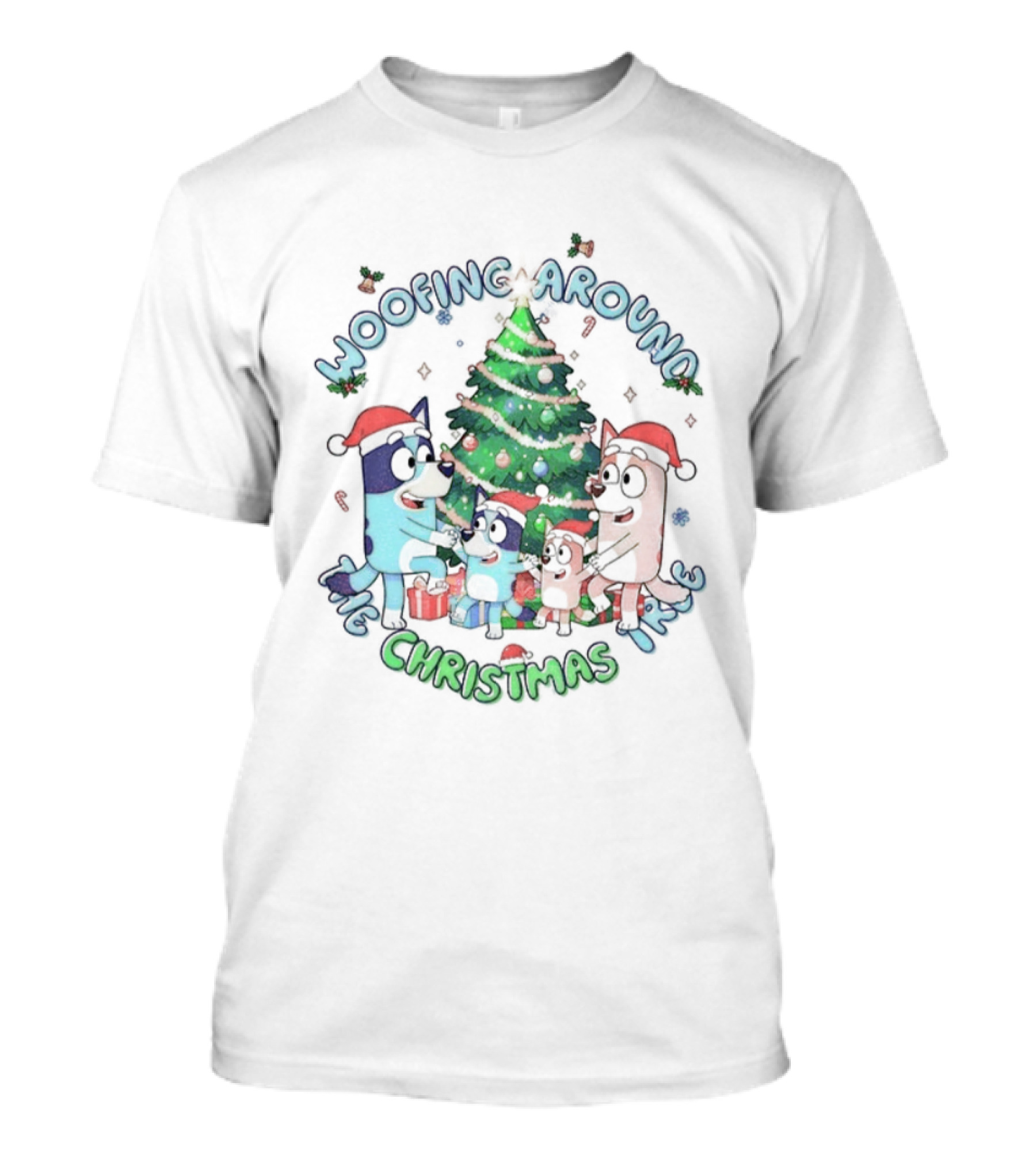 Bluey Family Woofing Around Christmas Tree Santa Hat Merry Christmas T-Shirt