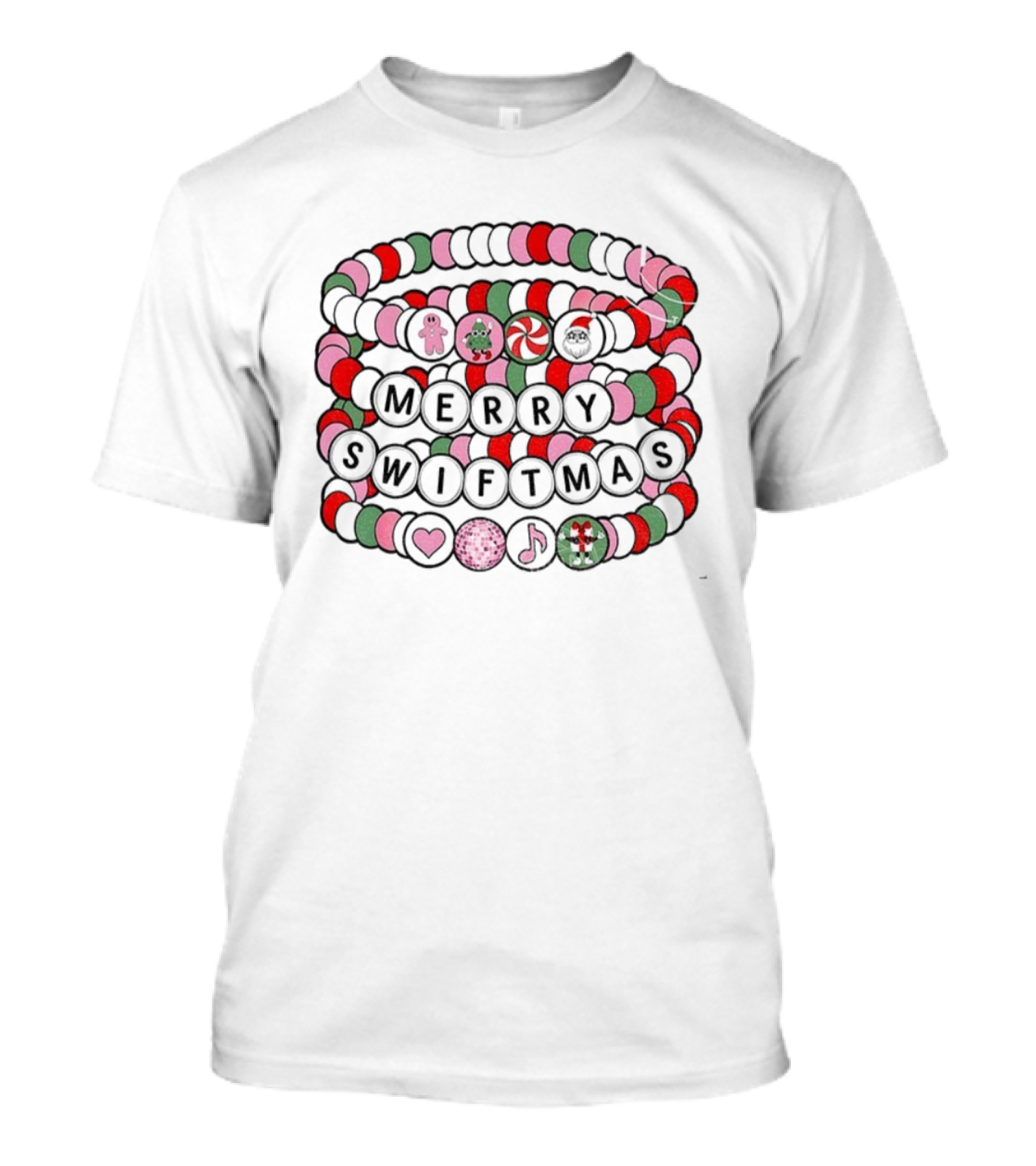 Merry Swiftmas Friendship Bracelet Christmas Beads Pink Red Green Holiday Icons T-Shirt