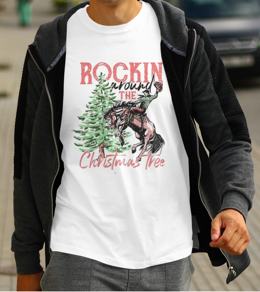 Rockin Around The Christmas Tree Cowboy Country Retro Christmas Cowboy And Tree T-Shirt