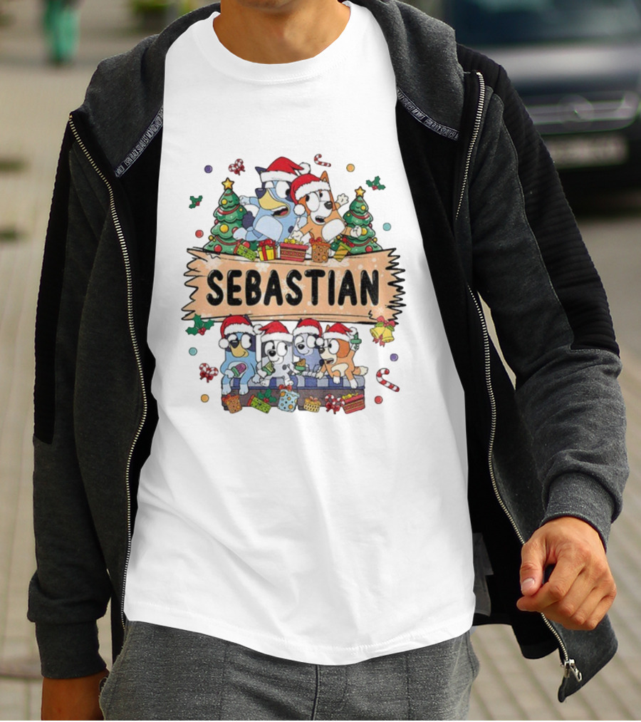 Sebastian Bluey Family Christmas Santa Hats Holiday Celebration T-Shirt