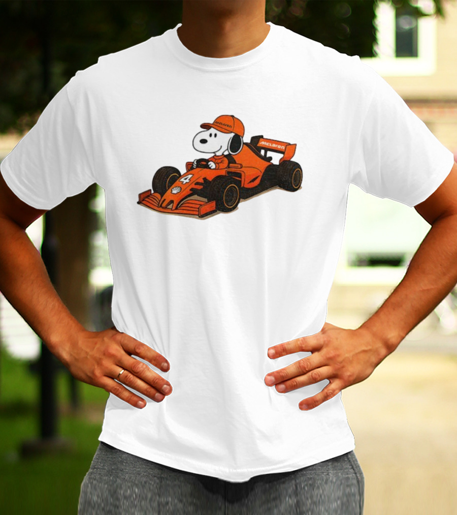 Snoopy Driving McLaren Formula One Car With Number 4 Racing Cap T-Shirt